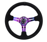 NRG Reinforced Steering Wheel (350mm / 3in. Deep) Blk Suede/Blk Stitch w/Neochrome Slits thumbnail 1
