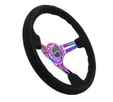 NRG Reinforced Steering Wheel (350mm / 3in. Deep) Blk Suede/Blk Stitch w/Neochrome Slits thumbnail 2