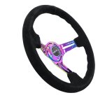 NRG Reinforced Steering Wheel (350mm / 3in. Deep) Blk Suede/Blk Stitch w/Neochrome Slits thumbnail 4