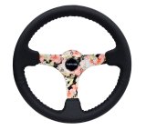 NRG Reinforced Steering Wheel (350mm / 3in. Deep) Blk Leather Floral Dipped w/ Blk Baseball Stitch thumbnail 4