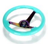 NRG Reinforced Steering Wheel (350mm / 3in. Deep) Minty Fresh Wood Grain w/Neochrome 3-Spoke Center thumbnail 1