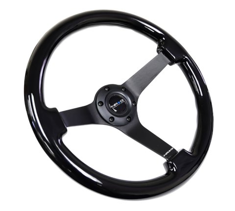 NRG Reinforced Steering Wheel (350mm / 3in. Deep) Black w/Black Chrome Solid 3-Spoke Center thumbnail 4