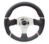 NRG Reinforced Steering Wheel (320mm) Blk Leather/Red Stitching w/Chrome 3-Spoke Center thumbnail 1