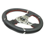 NRG Reinforced Steering Wheel (320mm) Blk Leather/Red Stitching w/Chrome 3-Spoke Center thumbnail 2