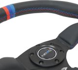 NRG Reinforced Steering Wheel (350mm / 2.5in Deep) Blk Leather w/M3 stitch Matte Blk 3-Spoke Center thumbnail 1