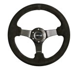 NRG Reinforced Steering Wheel (330mm / 3in Deep) Blk Suede w/Criss Cross Stitch w/Blk 3-Spoke Center thumbnail 1