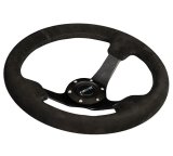 NRG Reinforced Steering Wheel (330mm / 3in Deep) Blk Suede w/Criss Cross Stitch w/Blk 3-Spoke Center thumbnail 3