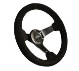 NRG Reinforced Steering Wheel (330mm / 3in Deep) Blk Suede w/Criss Cross Stitch w/Blk 3-Spoke Center thumbnail 4