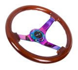 NRG Reinforced Steering Wheel (350mm / 3in Deep) Classic Blk Wood Grain w/Neochrome 3-Spoke Center thumbnail 3