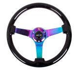 NRG Reinforced Steering Wheel (350mm / 3in Deep) Classic Blk Wood Grain w/Neochrome 3-Spoke Center thumbnail 4