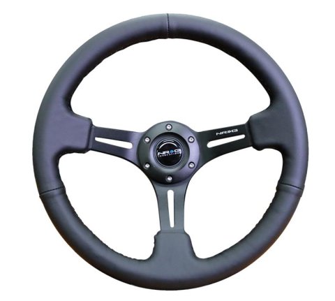 NRG Reinforced Steering Wheel (350mm / 3in. Deep) Black Leather w/ Black Stitching thumbnail 1