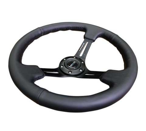 NRG Reinforced Steering Wheel (350mm / 3in. Deep) Black Leather w/ Black Stitching thumbnail 2