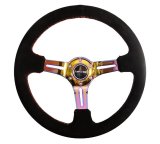 NRG Reinforced Steering Wheel (350mm / 3in. Deep) Blk Suede/Red Stitch w/Neochrome Slits thumbnail 1