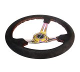 NRG Reinforced Steering Wheel (350mm / 3in. Deep) Blk Suede/Red Stitch w/Neochrome Slits thumbnail 2