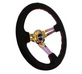 NRG Reinforced Steering Wheel (350mm / 3in. Deep) Blk Suede/Red Stitch w/Neochrome Slits thumbnail 3