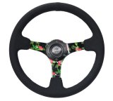 NRG Reinforced Steering Wheel (350mm / 3in. Deep) Black Suede w/ 5mm Floral 3-Spoke Center thumbnail 2