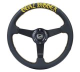NRG Sport Steering Wheel (350mm / 1.5in Deep) Black Leather/Gold Stitch w/Matte Black Solid Spokes thumbnail 1