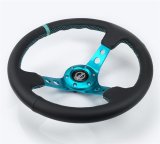 NRG Reinforce Steering Wheel (350mm / 3in. Deep) Blk Leather, Teal Center Mark w/ Teal Stitching thumbnail 1