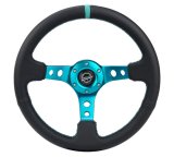 NRG Reinforce Steering Wheel (350mm / 3in. Deep) Blk Leather, Teal Center Mark w/ Teal Stitching thumbnail 2