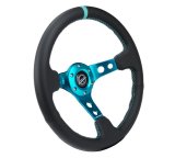 NRG Reinforce Steering Wheel (350mm / 3in. Deep) Blk Leather, Teal Center Mark w/ Teal Stitching thumbnail 3