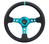NRG Reinforce Steering Wheel (350mm / 3in. Deep) Blk Leather, Teal Center Mark w/ Teal Stitching thumbnail 5
