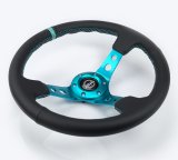 NRG Reinforce Steering Wheel (350mm / 3in. Deep) Blk Leather, Teal Center Mark w/ Teal Stitching thumbnail 6