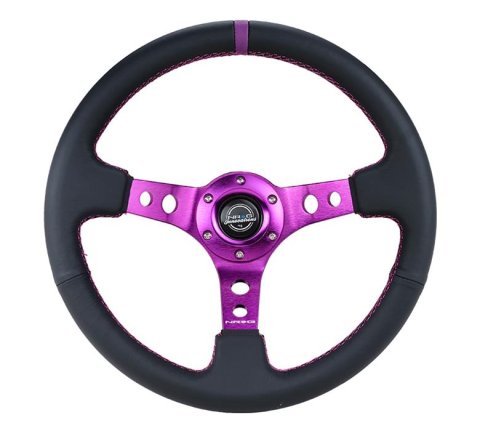 NRG Reinforced Steering Wheel (350mm / 3in. Deep) Black Leather w/Purple Center & Purple Stitching thumbnail 1