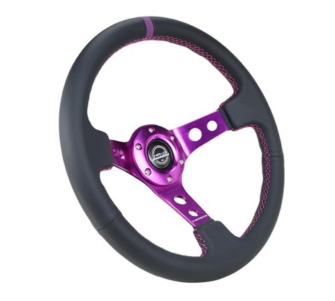 NRG Reinforced Steering Wheel (350mm / 3in. Deep) Black Leather w/Purple Center & Purple Stitching thumbnail 3