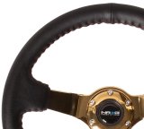 NRG Reinforced Steering Wheel (3in Deep / 4mm) 350mm Blk Leather w/Red BBall Stitch & Gold Spoke thumbnail 1
