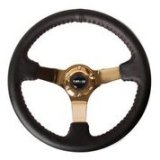 NRG Reinforced Steering Wheel (3in Deep / 4mm) 350mm Blk Leather w/Red BBall Stitch & Gold Spoke thumbnail 3
