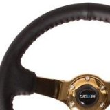 NRG Reinforced Steering Wheel (3in Deep / 4mm) 350mm Blk Leather w/Red BBall Stitch & Gold Spoke thumbnail 4