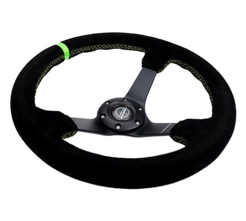 NRG Reinforced Steering Wheel 350mm/3in. Deep Blk Suede/ Neon Green Stitch w/5mm Matte Black Spoke thumbnail 2