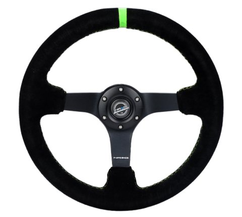 NRG Reinforced Steering Wheel 350mm/3in. Deep Blk Suede/ Neon Green Stitch w/5mm Matte Black Spoke thumbnail 8