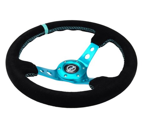 NRG Reinforced Steering Wheel (350mm/ 3in. Deep) Black Suede/ Teal Center Mark/ Teal Stitching thumbnail 1