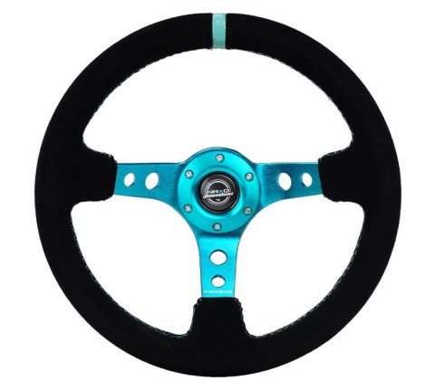 NRG Reinforced Steering Wheel (350mm/ 3in. Deep) Black Suede/ Teal Center Mark/ Teal Stitching thumbnail 2