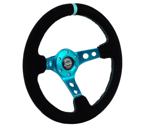 NRG Reinforced Steering Wheel (350mm/ 3in. Deep) Black Suede/ Teal Center Mark/ Teal Stitching thumbnail 4