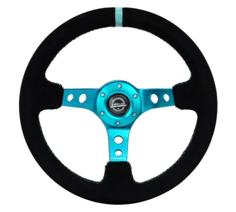 NRG Reinforced Steering Wheel (350mm/ 3in. Deep) Black Suede/ Teal Center Mark/ Teal Stitching thumbnail 7
