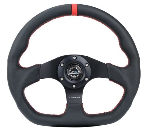 NRG Reinforced Steering Wheel (320mm) Sport Leather Flat Bottom w/ Red Center Mark/ Red Stitching thumbnail 1
