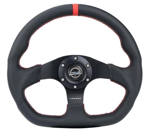 NRG Reinforced Steering Wheel (320mm) Sport Leather Flat Bottom w/ Red Center Mark/ Red Stitching thumbnail 2