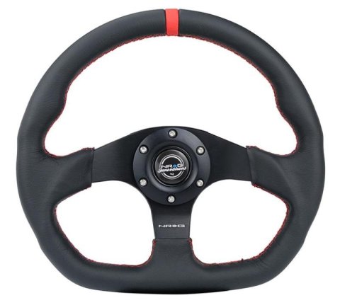 NRG Reinforced Steering Wheel (320mm) Sport Leather Flat Bottom w/ Red Center Mark/ Red Stitching thumbnail 3