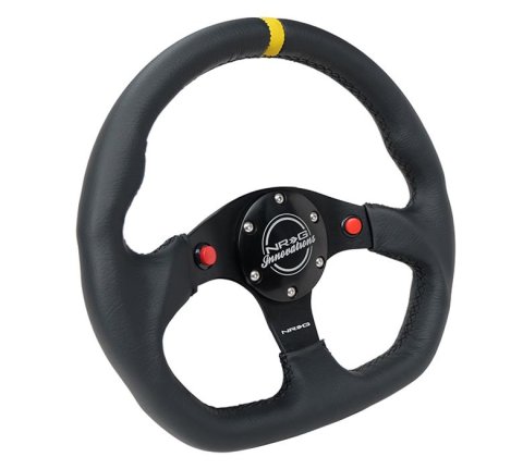 NRG Reinforced Steering Wheel (320mm) Sport Leather Dual Push Buttons Flat Bottom w/ Yellow Center thumbnail 3