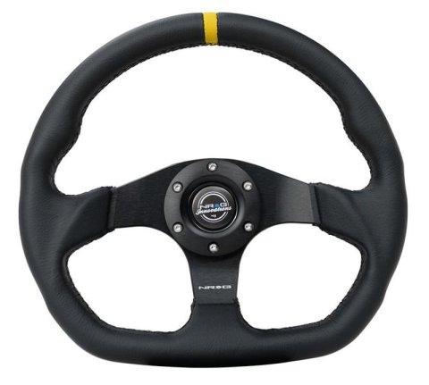 NRG Reinforced Steering Wheel (320mm) Sport Leather Dual Push Buttons Flat Bottom w/ Yellow Center thumbnail 4