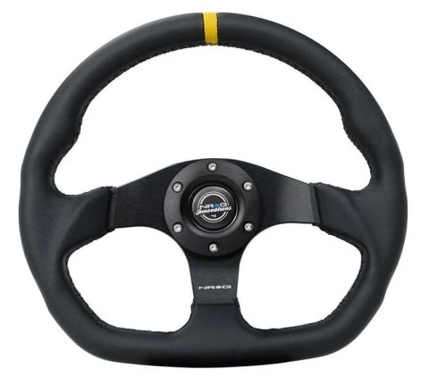NRG Reinforced Steering Wheel (320mm) Sport Leather Dual Push Buttons Flat Bottom w/ Yellow Center thumbnail 5