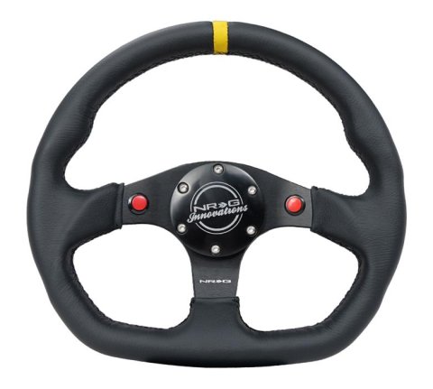NRG Reinforced Steering Wheel (320mm) Sport Leather Dual Push Buttons Flat Bottom w/ Yellow Center thumbnail 6