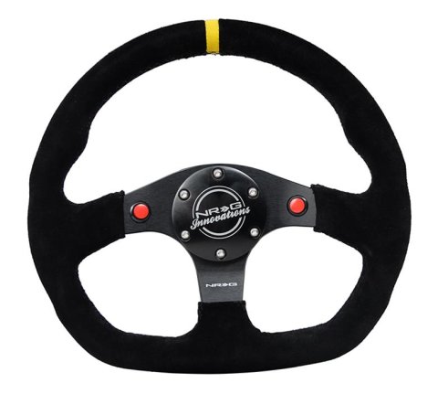 NRG Reinforced Steering Wheel (320mm) Sport Suede Dual Push Buttons Flat Bottom w/ Yellow Center thumbnail 1