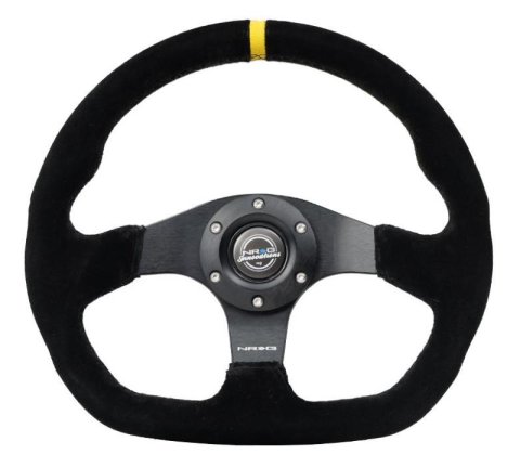NRG Reinforced Steering Wheel (320mm) Sport Suede Dual Push Buttons Flat Bottom w/ Yellow Center thumbnail 4