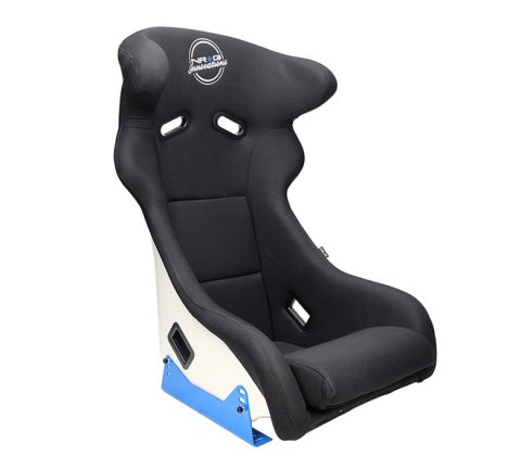 NRG FRP Bucket Seat - White Finish with Arrow Embroidery And Blue Side Mount Bracket thumbnail 1