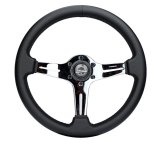 NRG Light Weight Gaming Steering Wheel - 350mm 3 Chrome Silver Spokes Perforated Leather thumbnail 1