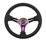 NRG Reinforced Steering Wheel (350mm / 3in. Deep) Blk Leather/Red Stitch w/Neochrome Slits thumbnail 1