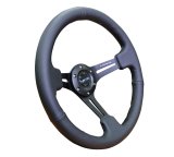 NRG Reinforced Steering Wheel (350mm / 3in. Deep) Blk Leather/Red Stitch w/Neochrome Slits thumbnail 2